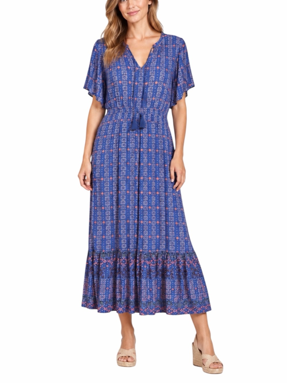 Knox Rose Maxi Dress XXL Blue Floral Tassel Tie Tiered Flutter Sleeve Cottage